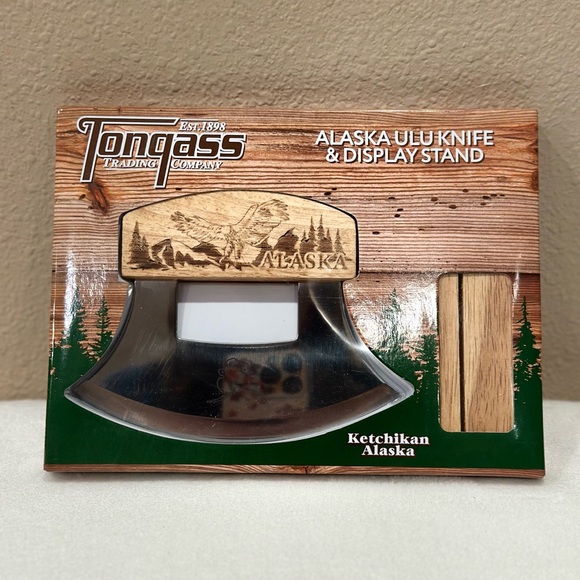 Tongas Other - Alaska Ulu Knife & Display Stand - Silver and Brown